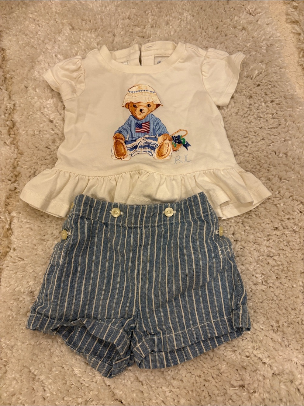Ralph Lauren Cream Bear Ruffle Top with Blue Striped Shorts - Kids